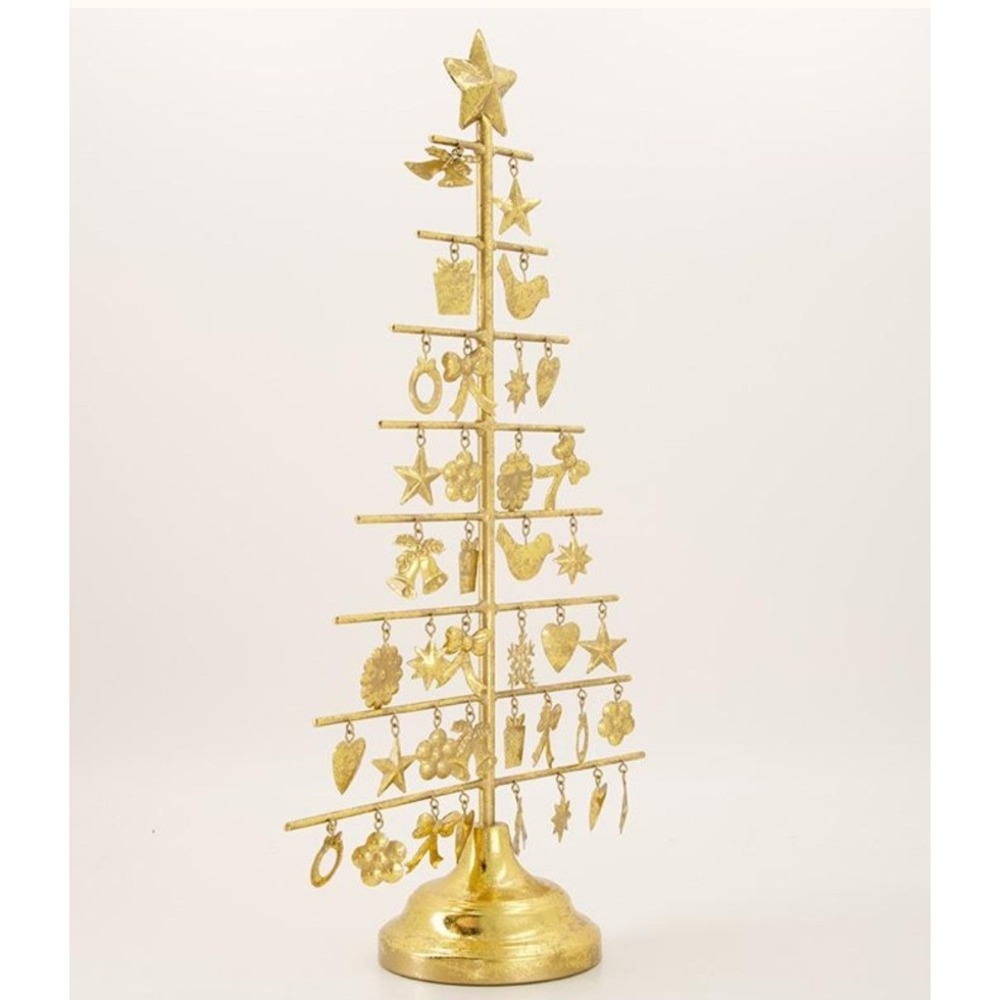 Cracker Barrel Gold Metal Christmas Tree with Charms 18" Tabletop Holiday Decor